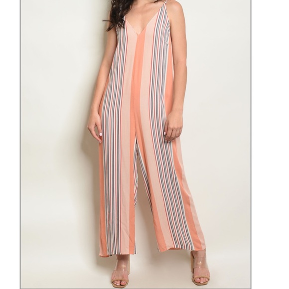 Lunik Pants - LUNIK peach striped sleeveless jumpsuit lace back